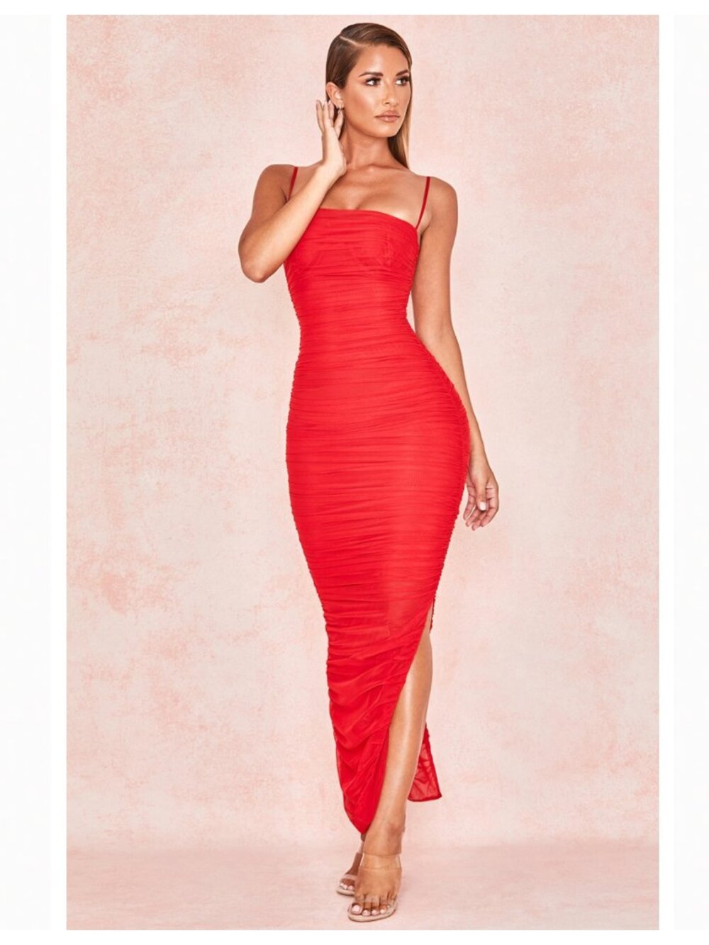 House of CB Sirene Red Gathered Organza Mesh Red Dress